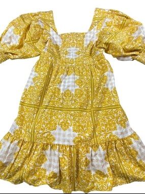 Yellow Floral Square-Neck Puff-Sleeve Mini Dress